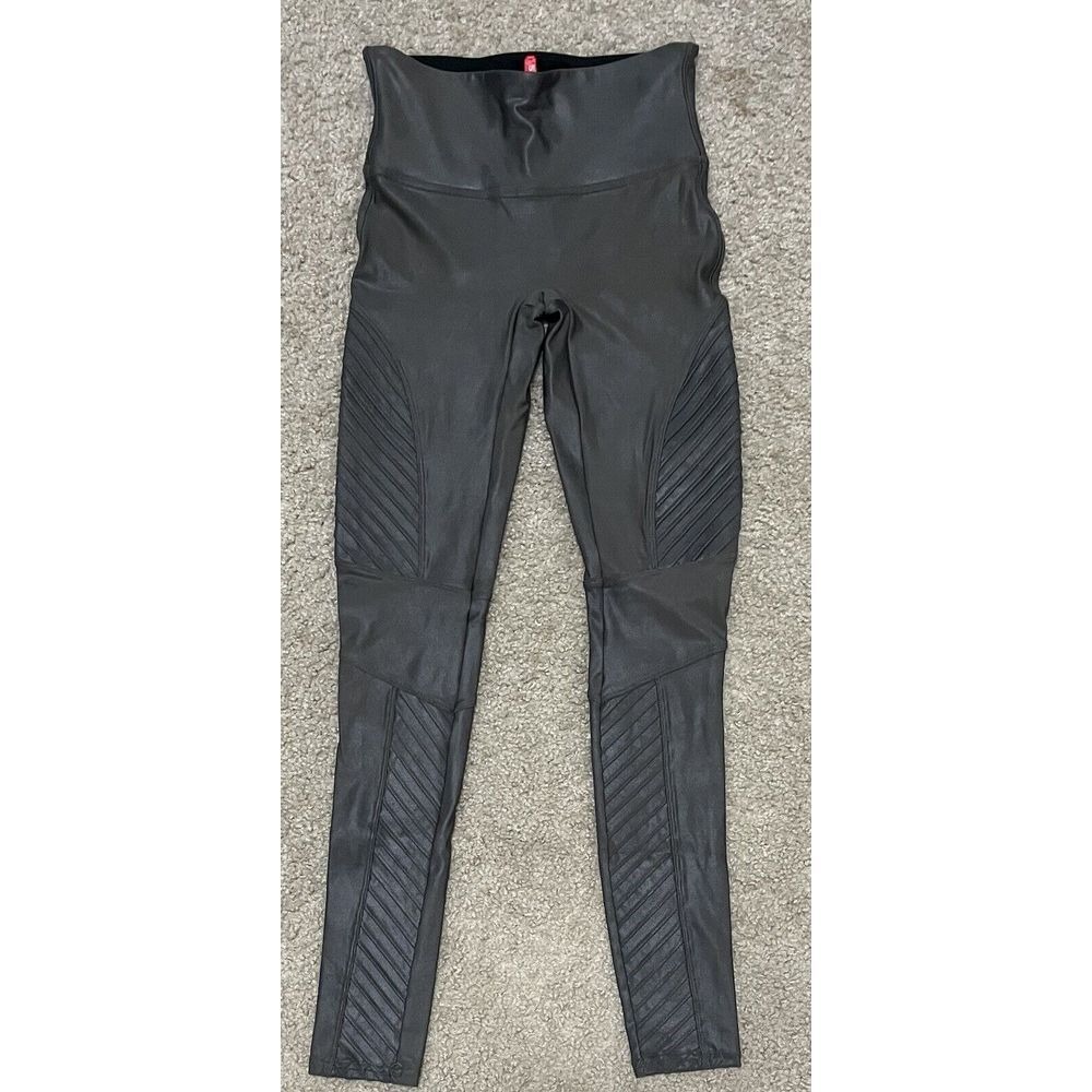 Spanx Faux Leather Moto Leggings S Black High Waist Ribbed Edgy Night Out Chic